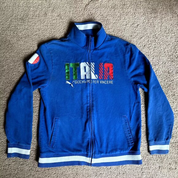Puma Sweater Mens Medium Full Zip Mock Neck Activewear Gioca Per Vincere Blue - Picture 1 of 13